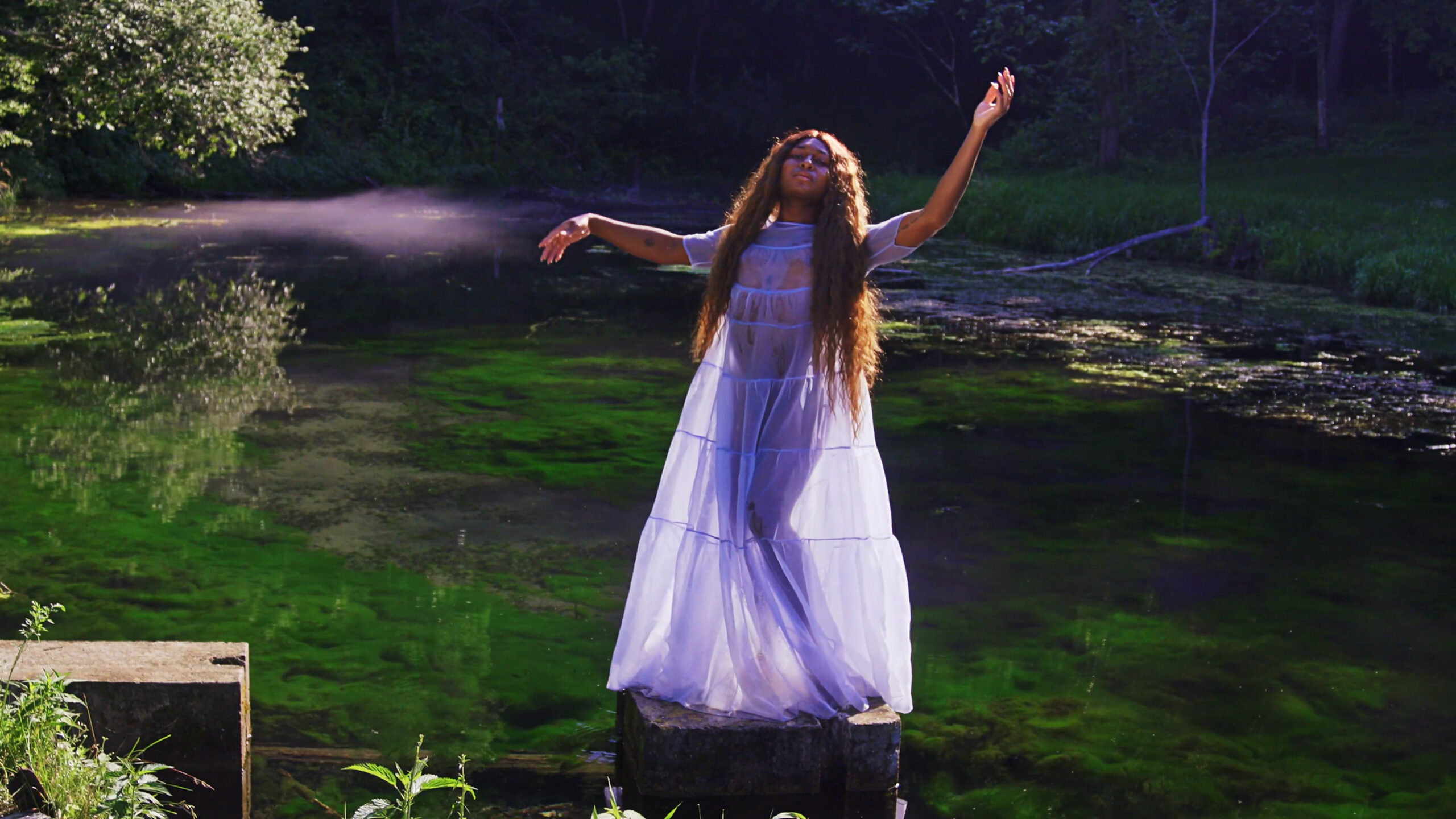 A person stands in a sheer purple full length dress on a platform in front of a backdrop of greenery and water. They have long wavy hair and their arms are outstretched.