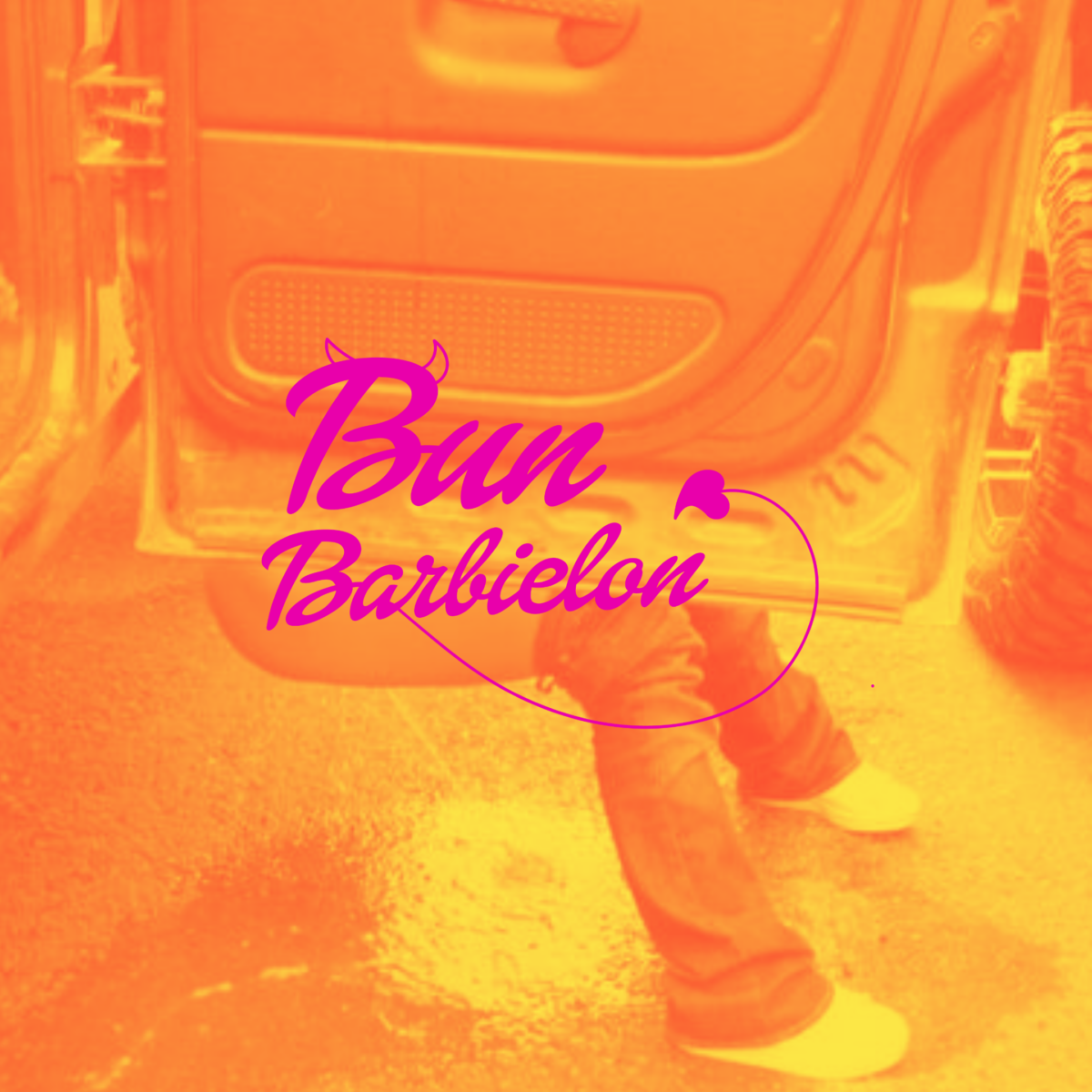 A person crouches behind a car door to urinate, their jeans round their knees. Text over the top reads Bun Barbielon