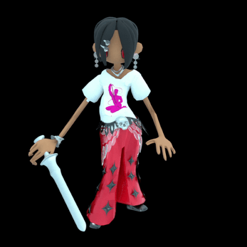 An animated GIF showing a faceless brown skinned figure wearing a white t shirt with a hot pink figure silhouetted on it. They wear red flared trousers, black shoes and they are holding a sword. They have silver dangly earrings and silver hair clips.