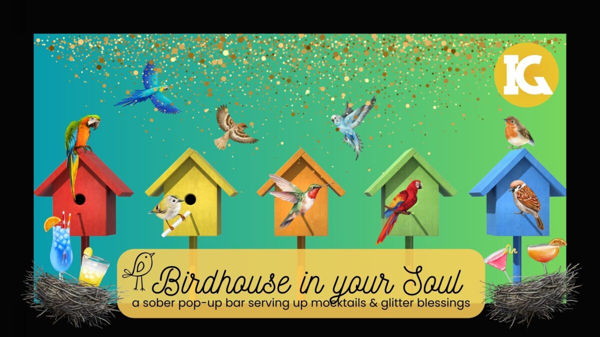 An illustration of five bird houses, each with a bird in front of it. Birds fly in the sky overhead, and two nests with cocktails inside sit in the bottom corners. Text over the top: birdhouse in your soul, a sober pop up bar serving up mocktails and glitter blessings