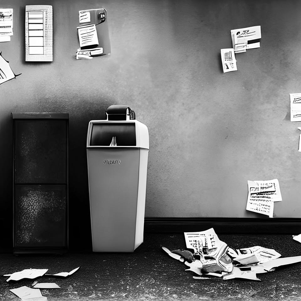 A black and white image of an office corridor. Paper is scattered across the floor and pinned on the walls, there is a waste paper bin and a water cooler to the left.